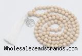 GMN1889 Knotted 8mm, 10mm white fossil jasper 108 beads mala necklace with tassel & charm