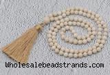 GMN200 Hand-knotted 6mm white fossil jasper 108 beads mala necklaces with tassel