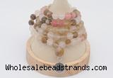 GMN2206 Hand-knotted 8mm, 10mm matte volcano cherry quartz 108 beads mala necklace with charm