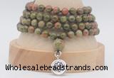 GMN2473 Hand-knotted 6mm unakite 108 beads mala necklaces with charm