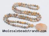 GMN4411 Hand-knotted 8mm, 10mm matte yellow crazy agate 108 beads mala necklace with pendant