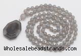 GMN4658 Hand-knotted 8mm, 10mm grey agate 108 beads mala necklace with pendant