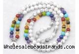 GMN7075 7 Chakra 8mm white howlite 108 mala beads wrap bracelet necklaces