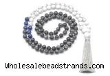 GMN8562 8mm, 10mm black labradorite, lapis lazuli & matte white howlite 108 beads mala necklace with tassel