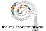 GMN8603 Hand-knotted 7 Chakra 8mm, 10mm white howlite 108 beads mala necklace with tassel
