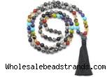 GMN8624 Hand-knotted 7 Chakra 8mm, 10mm black water jasper 108 beads mala necklace with tassel